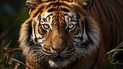 Fototapeta premium a close up of a tiger's face with a bush in the foreground and trees in the background.