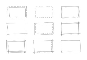 Set of hand drawn rectangle frames. Simple doodle rectangular shapes. Scribble square text box. Highlighting elements. Lined border. Vector graphic illustration. - obrazy, fototapety, plakaty