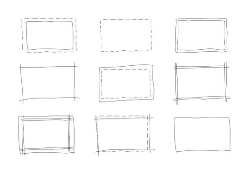 Set of hand drawn rectangle frames. Simple doodle rectangular shapes. Scribble square text box. Highlighting elements. Lined border. Vector graphic illustration.