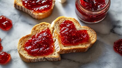 Toast with heart shaped jam closeup from above