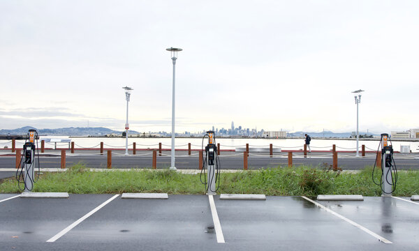 Alameda, CA - Dec 20, 2023: Charge Point EV Charging Station in the Sea Plane Lagoon Ferry Terminal Parking lot. The world's largest network of EV charging stations in North America and Europe.