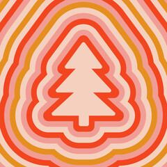 Retro background with repeating silhouette Christmas tree. Trendy vector hippie print in style 70s, 80s. Red, pink, and gold colors. Groovy holiday poster. Psychedelic winter illustration