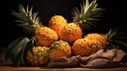  a pile of pineapples sitting on top of a wooden table next to a brown cloth on top of a wooden table.