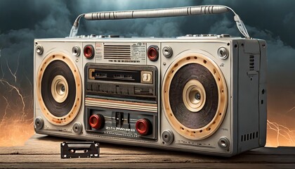 Classic boombox with cassette tape on a wooden table, capturing the nostalgia of retro music and audio technology - obrazy, fototapety, plakaty