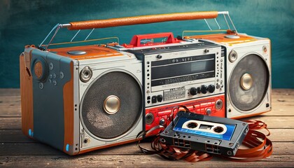 Vintage Boombox and Cassette Tape Retro Music Concept - obrazy, fototapety, plakaty