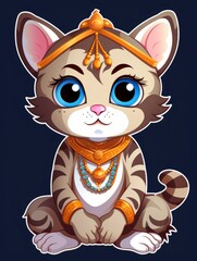 Cartoon sticker sweet kitten dressed in Indian costume, AI