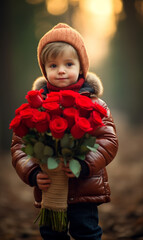 Adorable little boy with a bouquet of red roses in hands outside, valentines day concept. A gift for my mother, grandmother. With space for your text. 