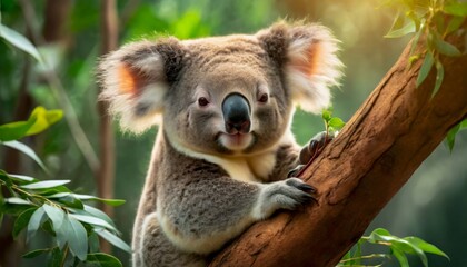 Obraz premium charming koala bear comfortably nestled in the fork of a tree surrounded by lush greenery
