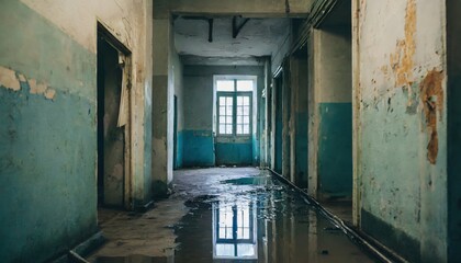 dimly lit hallway in an abandoned building, reflecting a haunting and desolate vibe