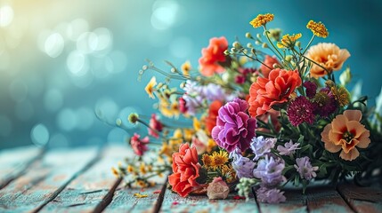 Colorful bouquet of flowers on wooden table