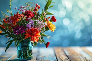 Colorful bouquet of flowers on wooden table