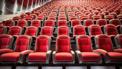 Fototapeta premium Row of empty plush red seats in a theater auditorium, awaiting an audience for the next performance