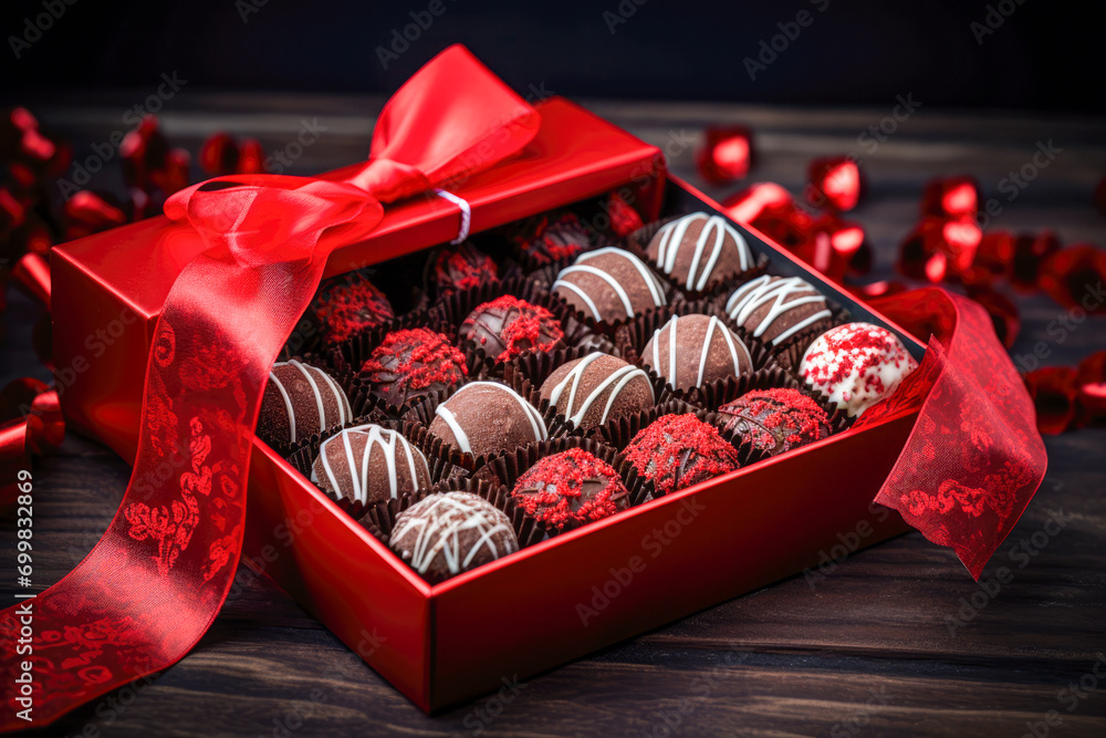 Poster box of assorted chocolates with red ribbon on dark background.