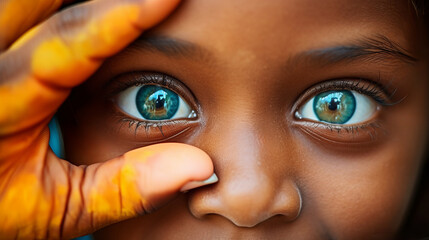 Generative AI image of a black beautiful girl with green eyes closeup