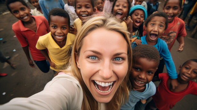 Generative AI image of white woman having a selfie with black African kids in Africa