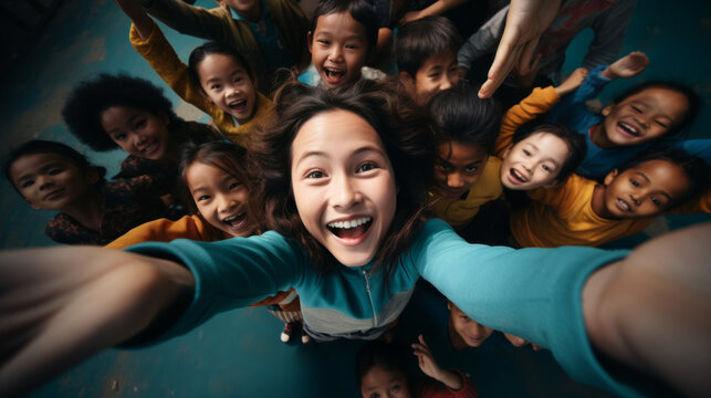 Generative AI image of an Asian girl making a selfie with a lot o Asian kids