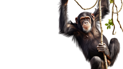 A chimpanzee ape hanging on a tree branch isolated on a white background