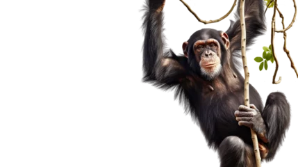 Foto op Plexiglas A chimpanzee ape hanging on a tree branch isolated on a white background © Flowal93