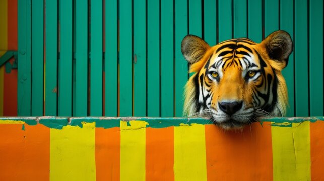 Generative AI image of a Tigris looking behind a colorful fence a green wall behind it