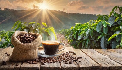 A steaming cup of coffee with a burlap sack of beans on a wooden table, against the backdrop of a scenic coffee plantation at sunrise