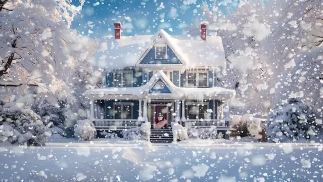 Winter view of an American home with snowy roof and window.
