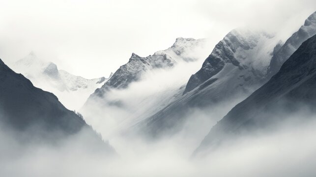  a black and white photo of a mountain range with low lying clouds in the foreground and fog in the foreground.