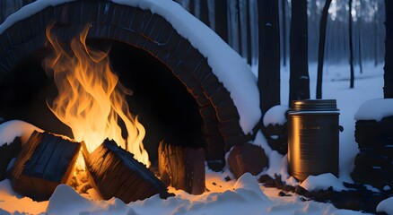 Hot Coffee with Snowy Winter fireplace