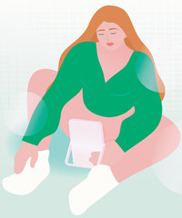 Young woman looking at her vulva in mirror. Sexual wellbeing, personal care, vaginal self-examination vector illustration.