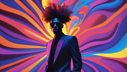 Eccentric man with an abstract vibrant background of swirling neon colors. Eighties, seventies party disco style. - obrazy, fototapety, plakaty