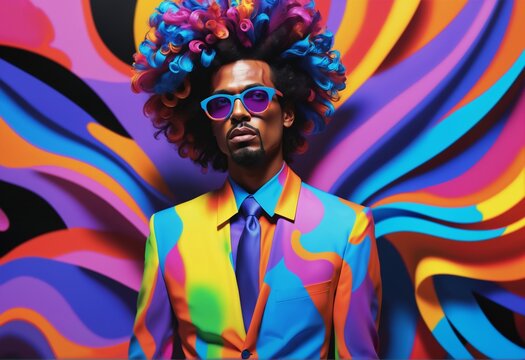 Eccentric man with an abstract vibrant background of swirling neon colors. Eighties, seventies party disco style.