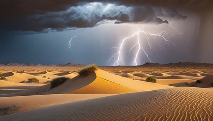 Multiple lightning bolts striking down over a desert landscape with dark storm clouds looming above