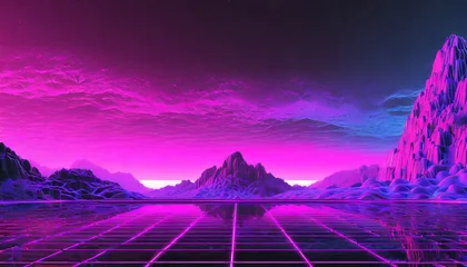 Foto op Plexiglas surreal landscape featuring a neon grid foreground and icy mountains under a vibrant purple sky © jechm