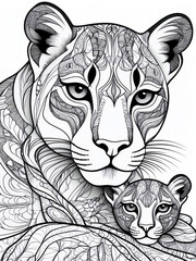 Lioness and cub zentangle mandala coloring page