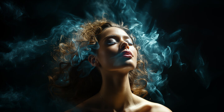 a beautiful woman is enveloped in mysterious clouds of smoke