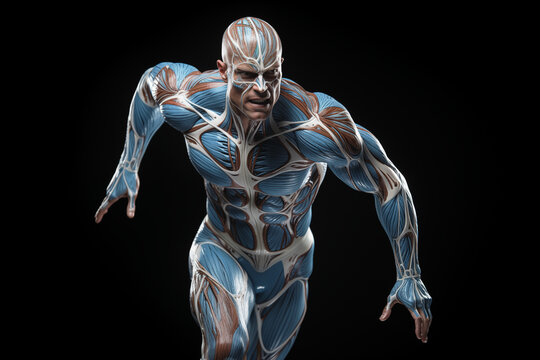 anatomic illustration of a running man on black background