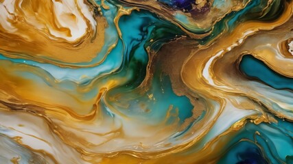 Natural luxury abstract fluid art painting in alcohol ink technique. Tender and dreamy wallpaper. Mixture of colors creating transparent waves and golden swirls. - obrazy, fototapety, plakaty