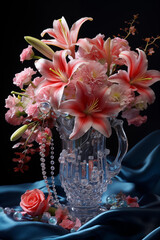 Bouquet of award winng pink and red roses, lilies, daisy's and orchids Generative AI