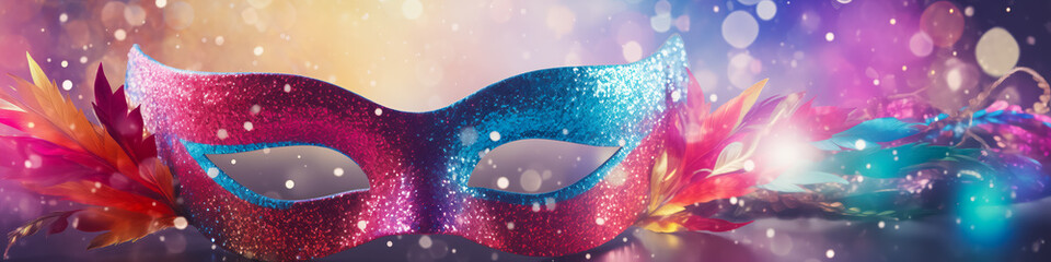 Banner Festive Colorful Masquerade Mask for Carnival. Celebratory Blurred Background with Glitter. Elegant Festival Decor. Holiday Pageant and Mardi Gras Concept. Copyspace, Free Space for Text. - obrazy, fototapety, plakaty
