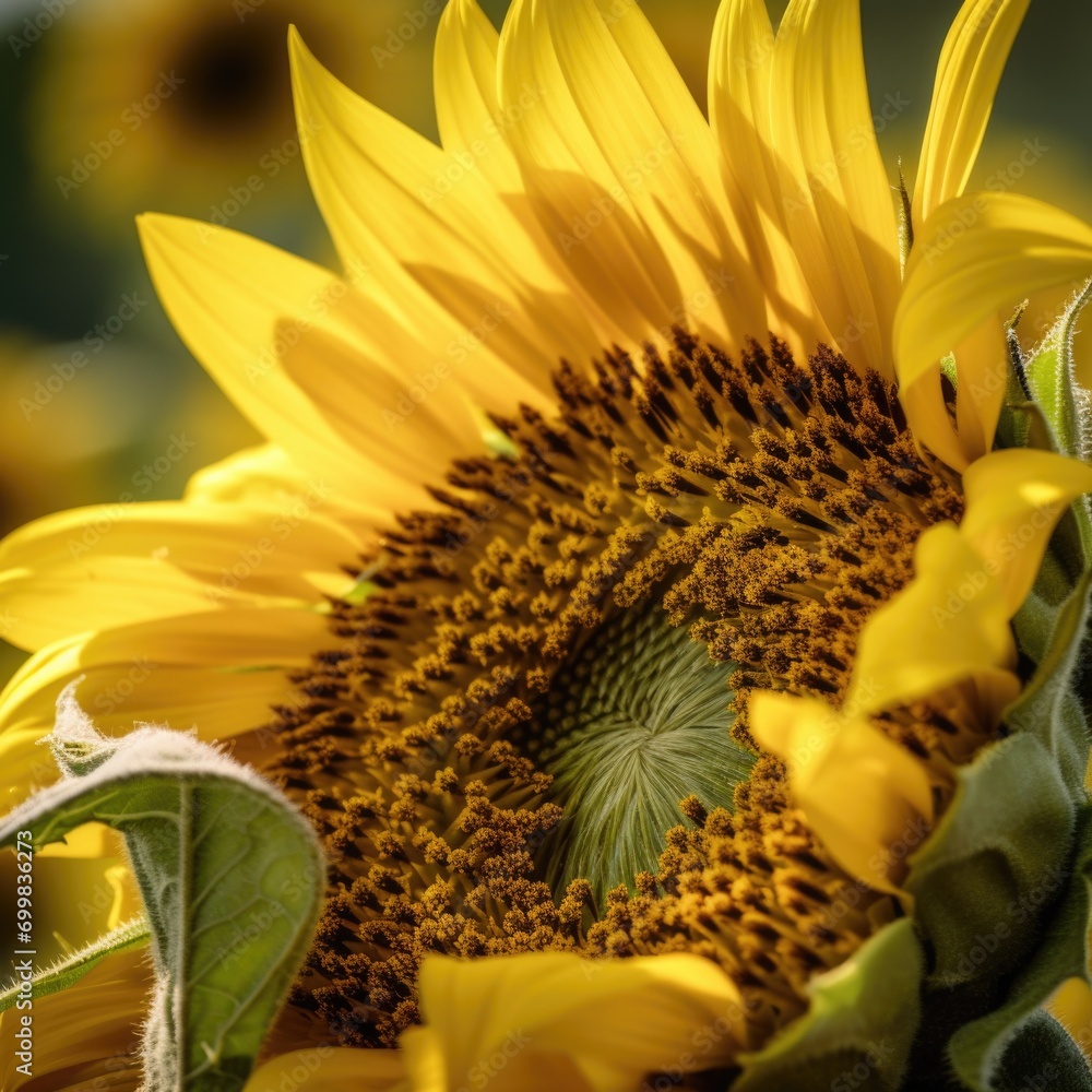 Poster sunflower close-up. macroshot. ai generative.