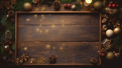 Frame of christmas dekoration on wooden table