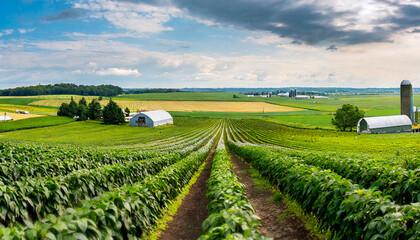 Lush green crop rows dominate this vast farmland, complete with classic barns and silos under a dynamic sky