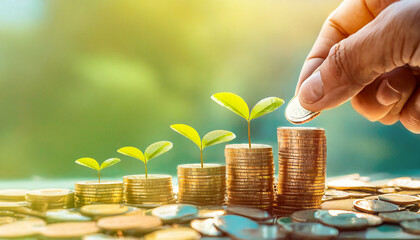 hand stacking coins with small plants sprouting from the top, symbolizing financial growth and responsible investing