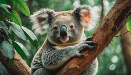 Fototapeta premium Enjoying the tranquility of its Australian home, a furry koala looks out from its eucalyptus perch, a lazy and adorable mammal
