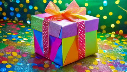 Fototapeta na wymiar Colorful Gift Box with Bow on Glitter Background