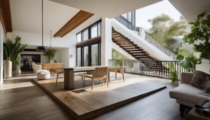 Spacious and elegant living room with large windows showcasing a stunning mountain view