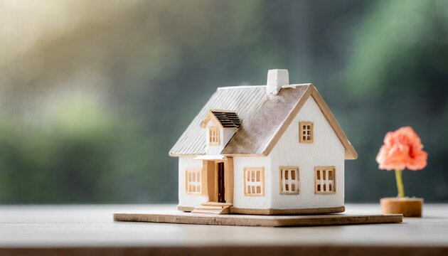 A toy estate on a table amid housing documents symbolizes the rent, insurance, and economy of finance, a tactile representation of mortgage and sale investment