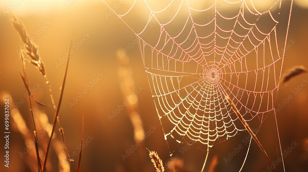 Wall mural a close up of a spider web in a field of grass with the sun shining through the spider's web.