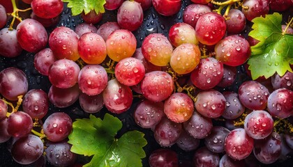 Wet juicy grapes hang in the summertime vineyard, a seasonal nourishment for wine, rich in...