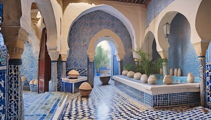 Africa's Islam spirit in Moroccan spa, Arabian interior, Muslim mosaic art, Arab heritage, and religious tranquility