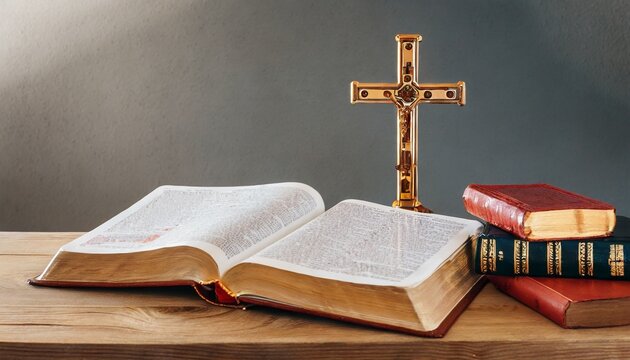 In a display of faith and holiness, a Bible and crucifix lay prepared for a solemn Christian exorcism, invoking the cross and God